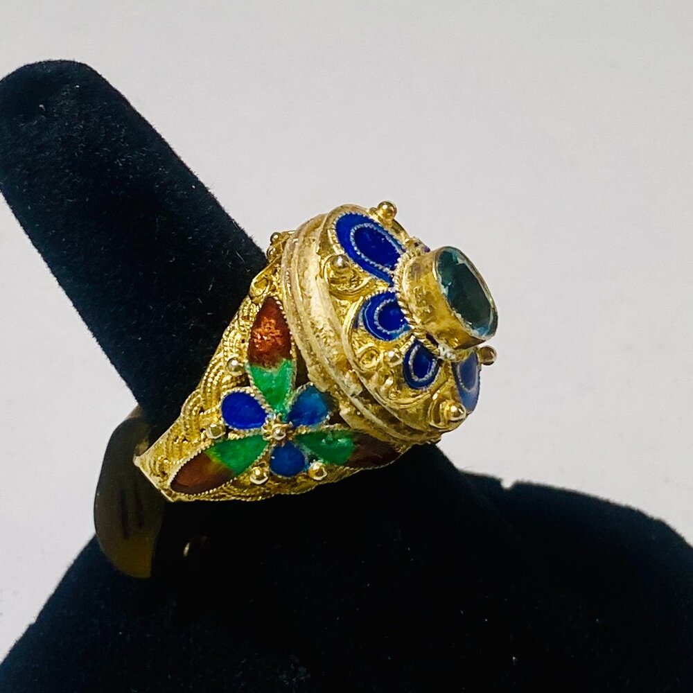 Barbara Garwood Blue Topaz Ring Mongolian Art 14K over Silver
